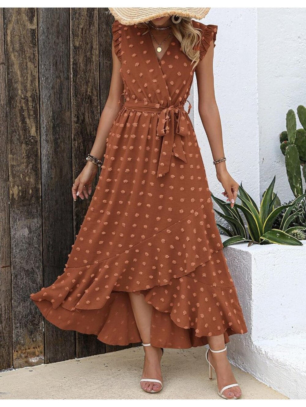 Women's Orange V Neck Summer Dress \Cap Sleeve Swiss Dot Boho Flowy Ruffle Maxi - Picture 3 of 6